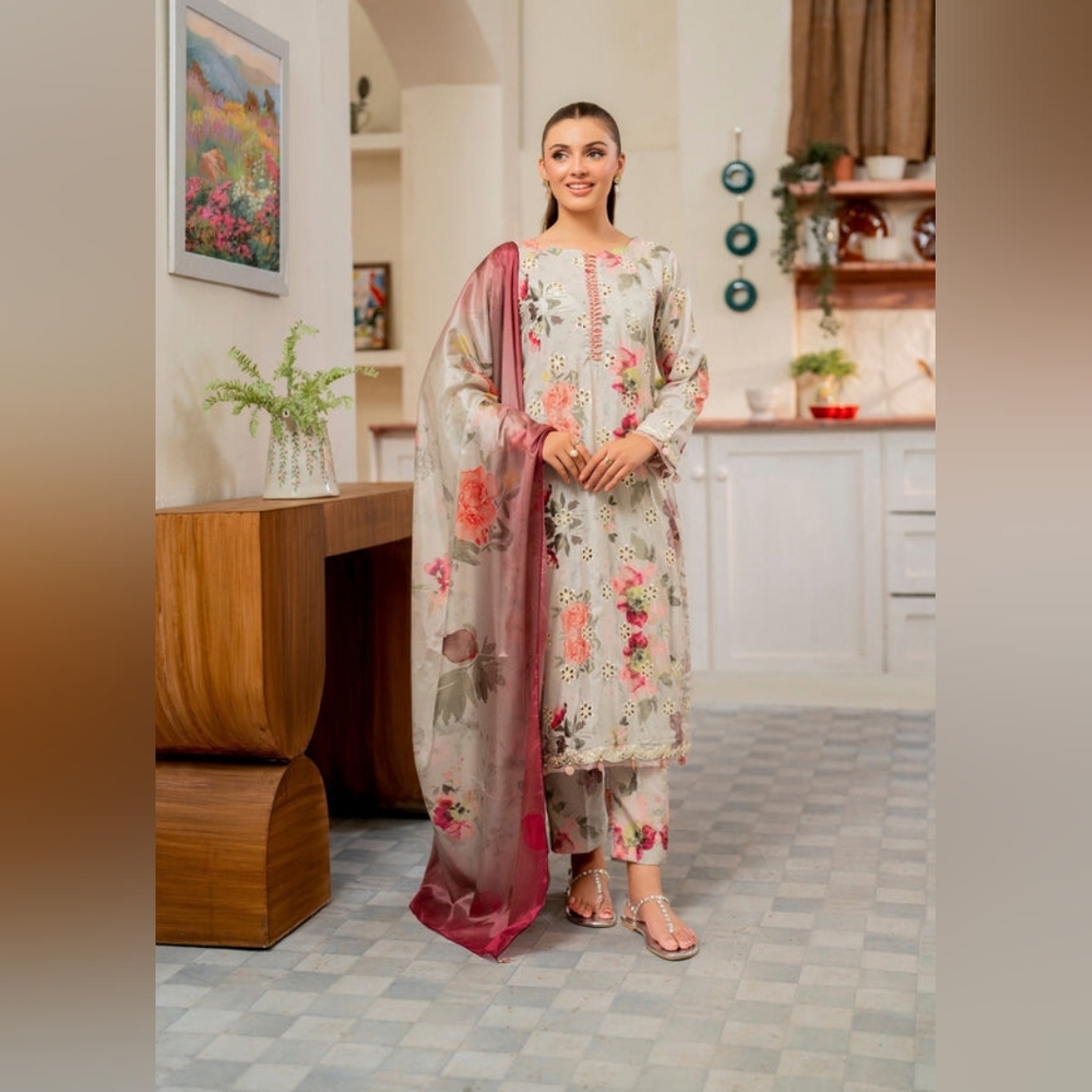 Floral Embroidered Suit with Dupatta